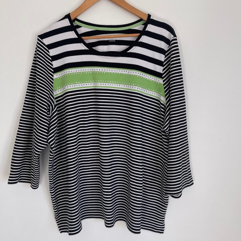 ALIA Woman Black White Green Stripes 3/4 Sleeve Pullover Shirt Plus Size 3X